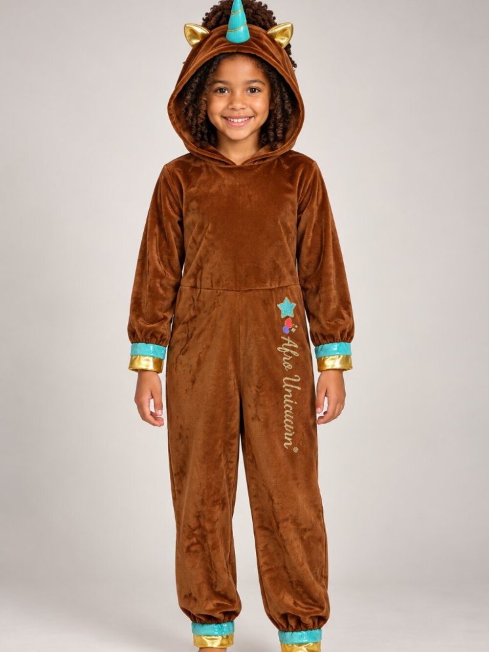 Afro Unicorn Disguise Girls M 7-8 Brown Hooded Jumpsuit Halloween Costume